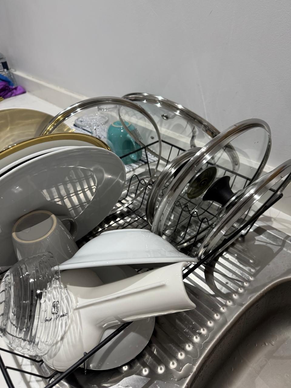 Clean dishes on drying rack